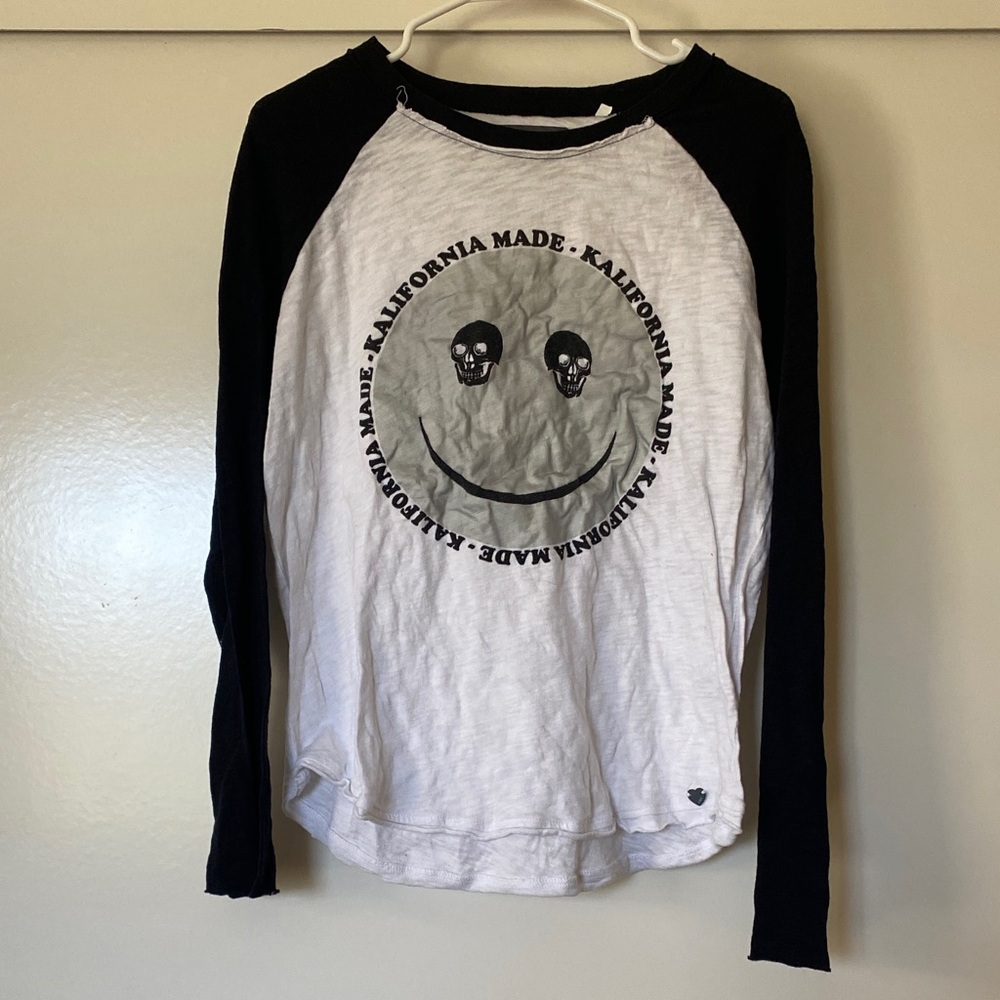 Kendall & Kylie Black and White Raglan Long Sleeve Tee with Skull Smile